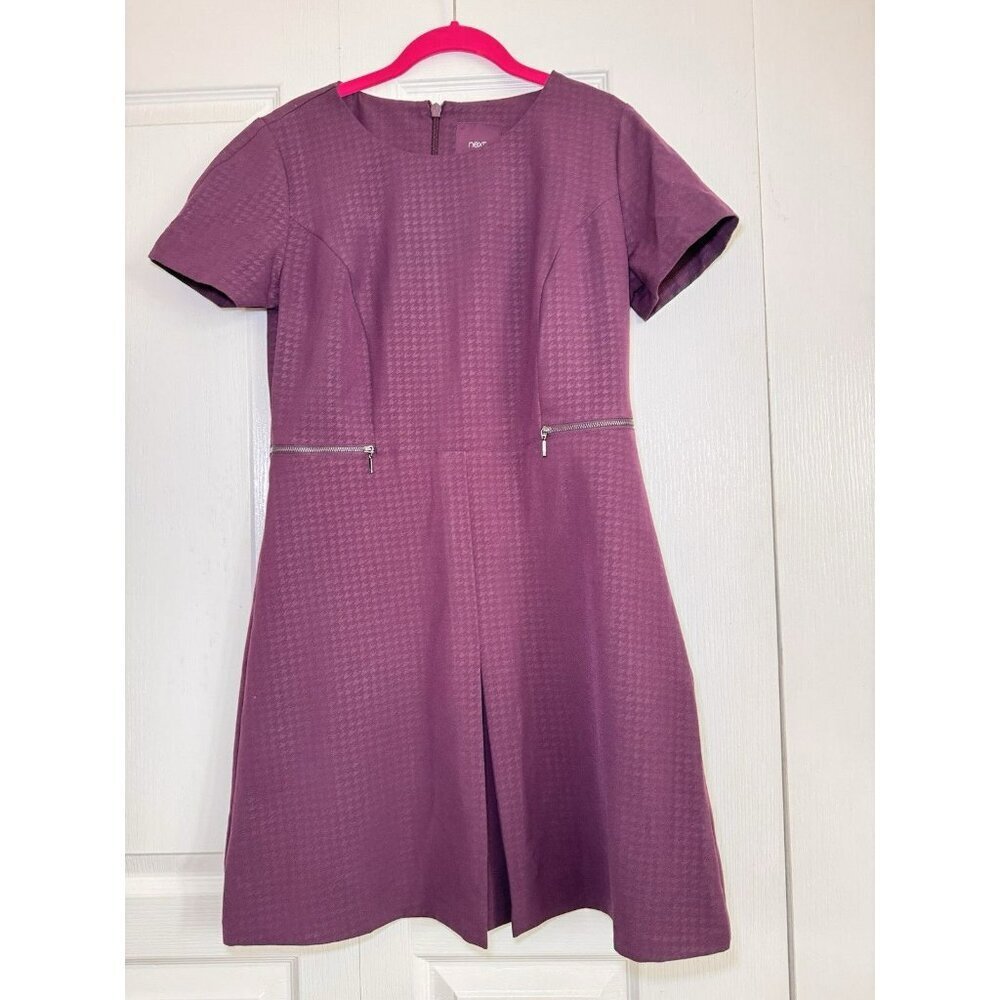 Next Purple Fit & Flare Dress Size M Textured Short Sleeve Pleated Zip Detail - Picture 2 of 10